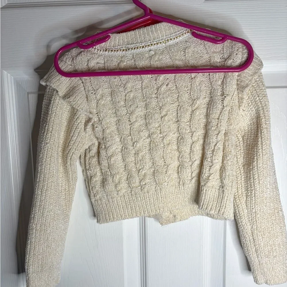 Badgley Mischka Cream Cable Knit Pearl Button Gold Metallic Sweater Set Girl 3T